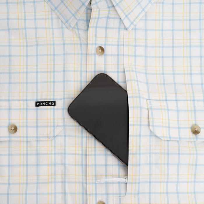 Phone in chest pocket of button down shirt