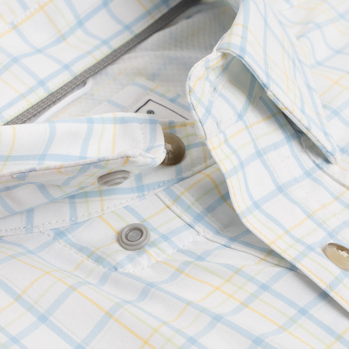 Snap collar on blue and yellow plaid button down