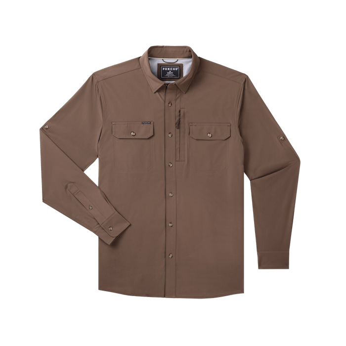 The Clark long sleeve outdoor shirt in brown with buttoned pockets and collar