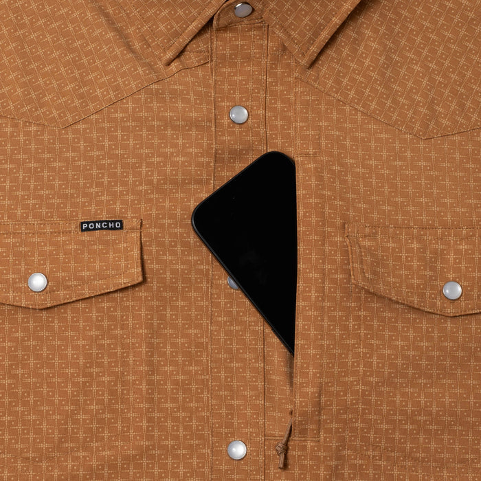 phone in chest zipper pocket of shirt
