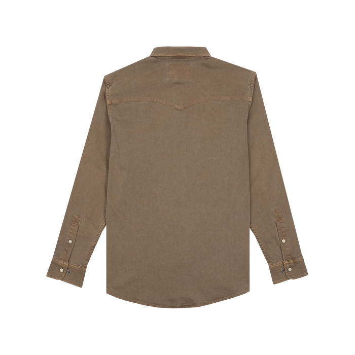 The Cotulla brown long-sleeve shirt laid flat showing back view with buttoned cuffs and structured shoulders
