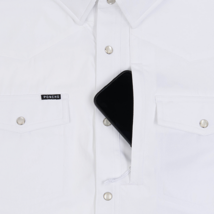 Phone in chest zipper pocket of shirt