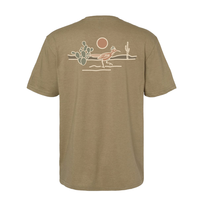 The Desert Run T-Shirt in earth tones featuring a minimalist desert scene with a roadrunner, cacti, and sun on the back