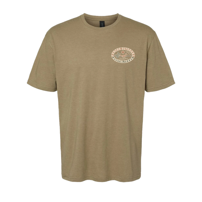 The Desert Run T-Shirt in muted desert tan with small outdoors logo on chest, comfortable outdoor shirt