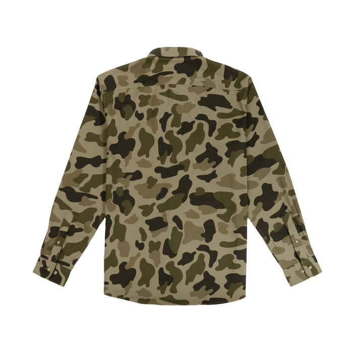 Back view of The Duck Blind Muck camo patterned shirt designed for outdoors use by Poncho Outdoors