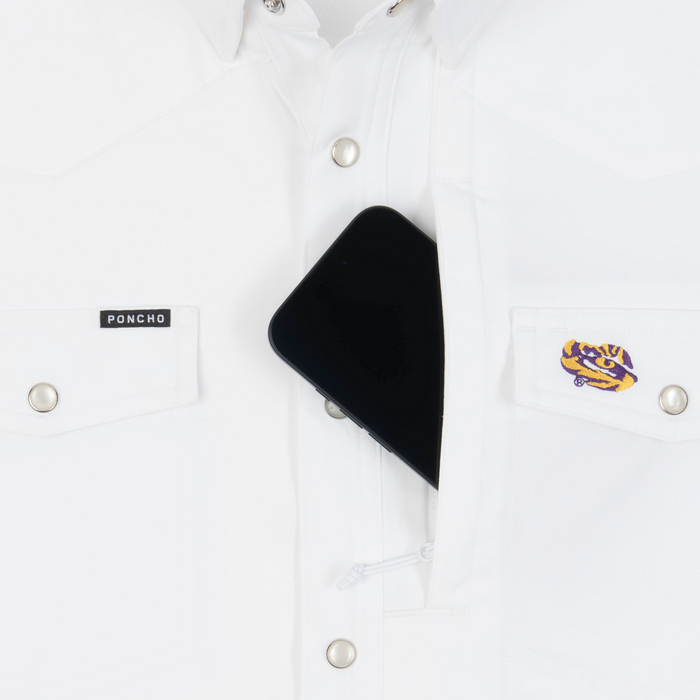phone in chest zipper pocket of shirt