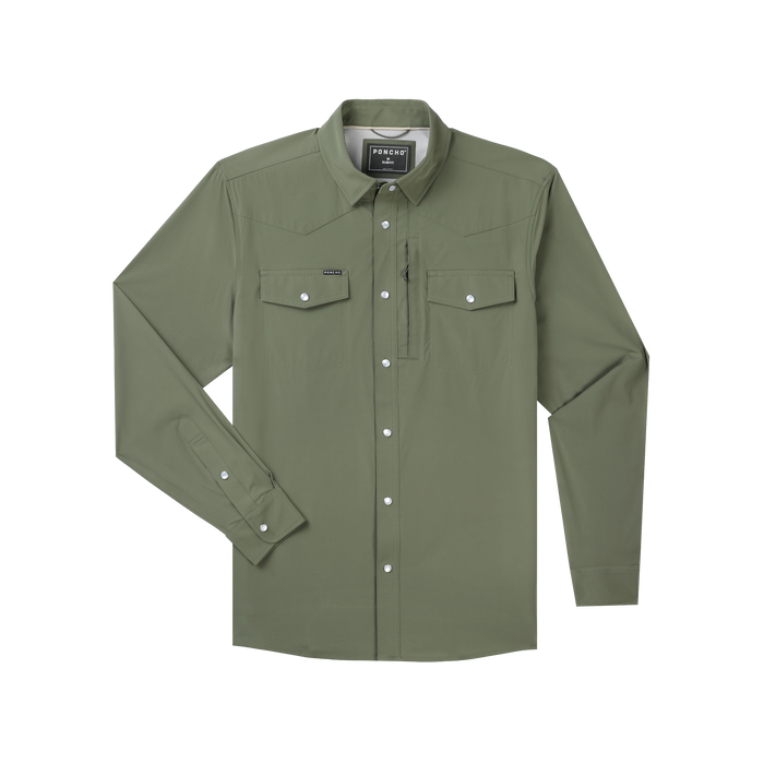product photo front of olive green long sleeve shirt