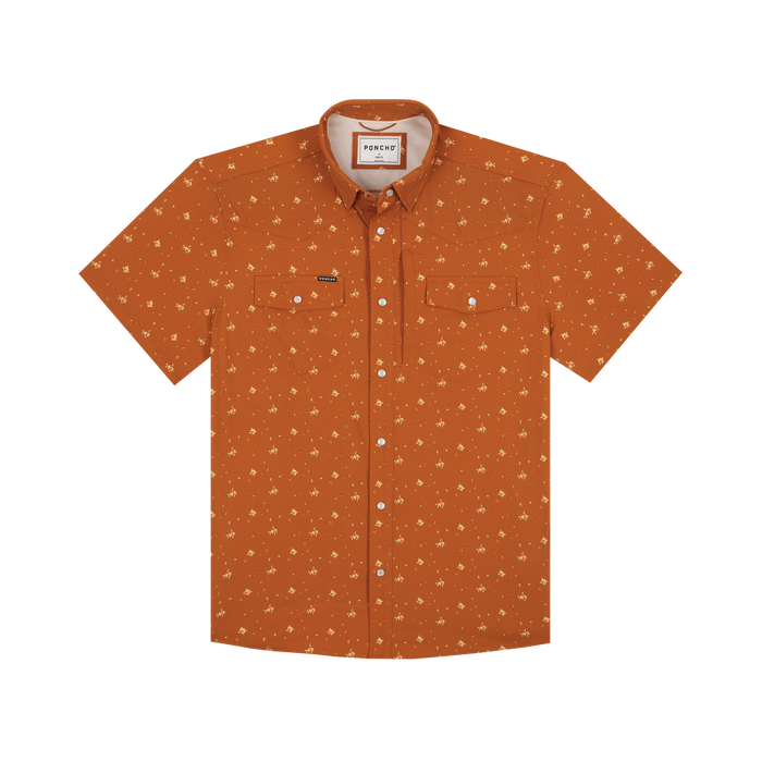The Fourth and Five short sleeve shirt in burnt orange with subtle outdoors-inspired print and button closures.