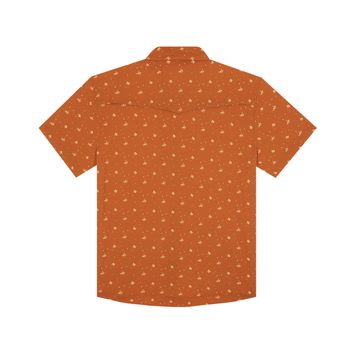 The Fourth and Five short-sleeve shirt in rust orange with a subtle all-over outdoor-inspired pattern.