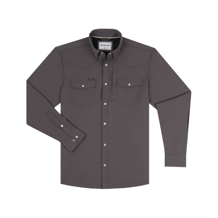 The Goodnight charcoal long sleeve button down shirt with two chest pockets