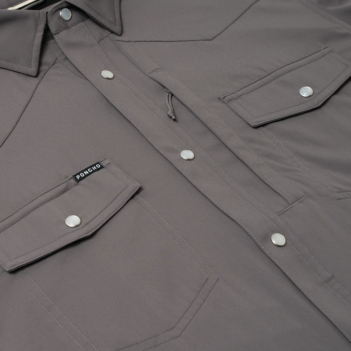 flyover photo of dark grey pearl snap shirt