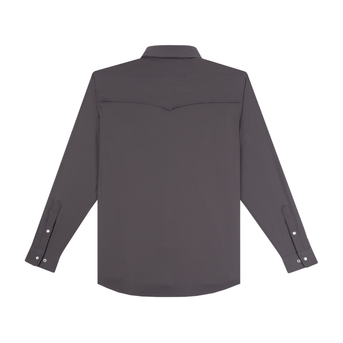 The Goodnight dark long sleeve shirt shown from the back with button cuffs and a structured collar