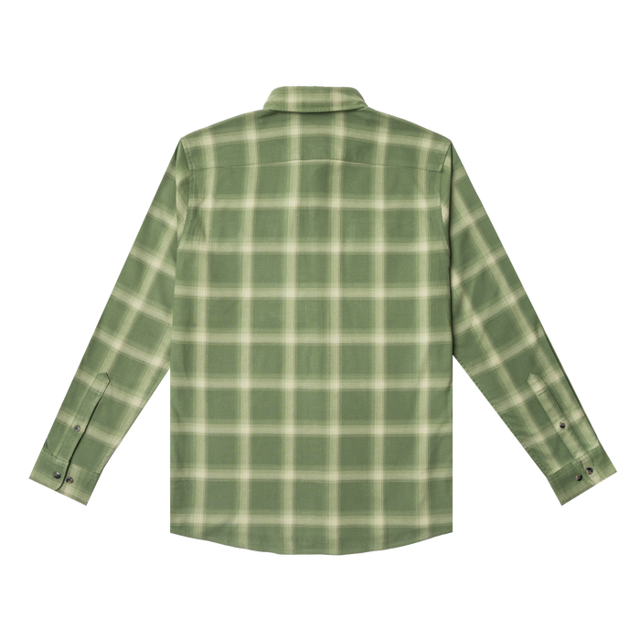 back of green and white flannel shirt