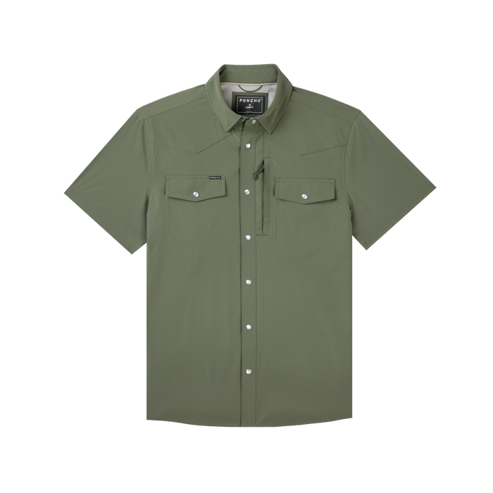 product photo front of olive green short sleeve shirt