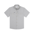 Light grey short sleeve button-up shirt with two chest pockets called The Grey Fox.