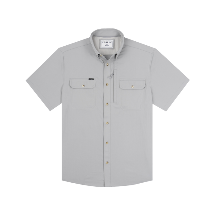 Light grey short sleeve button-up shirt with two chest pockets called The Grey Fox.