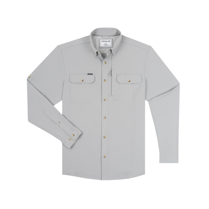 The Grey Ghost long sleeve button-up shirt in light grey with two chest pockets and brass buttons.