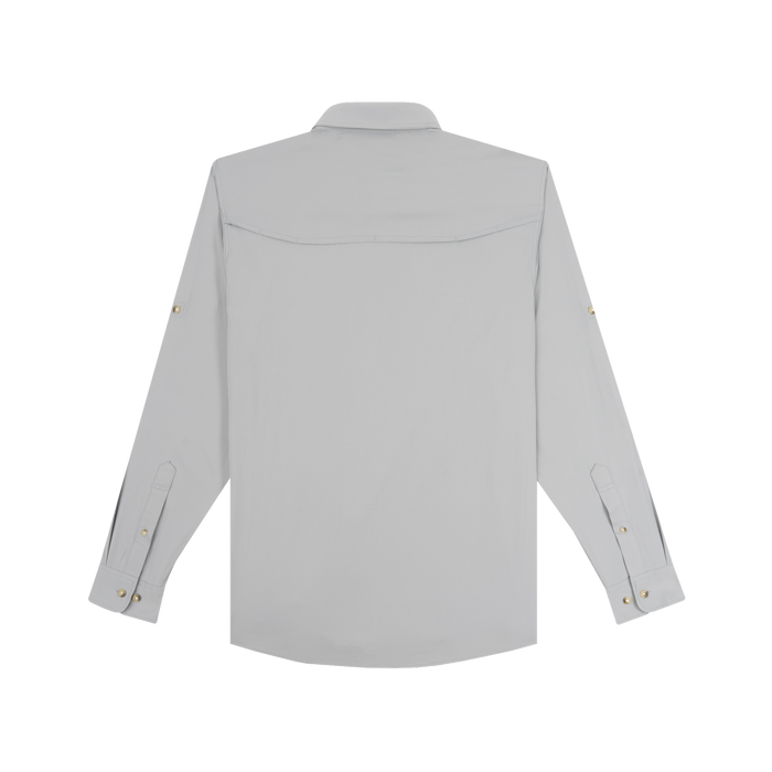 Back view of The Grey Ghost long sleeve shirt in light grey with buttoned cuffs and shoulder yoke details