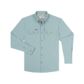 Light blue long-sleeve button-up shirt with two chest pockets and roll-up sleeve tabs displayed flat on a white background.
