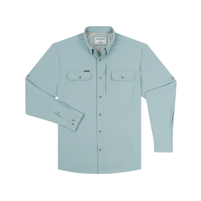 Light blue long-sleeve button-up shirt with two chest pockets and roll-up sleeve tabs displayed flat on a white background.