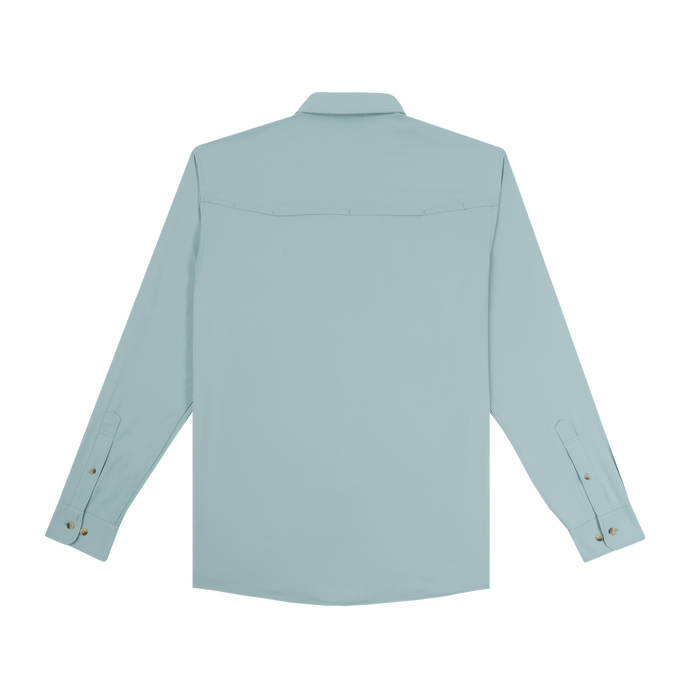 Back view of a light blue long-sleeve shirt with buttoned cuffs and a yoke across the shoulders