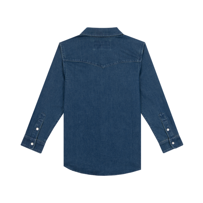 The Harris comfortable outdoor denim shirt back view in blue