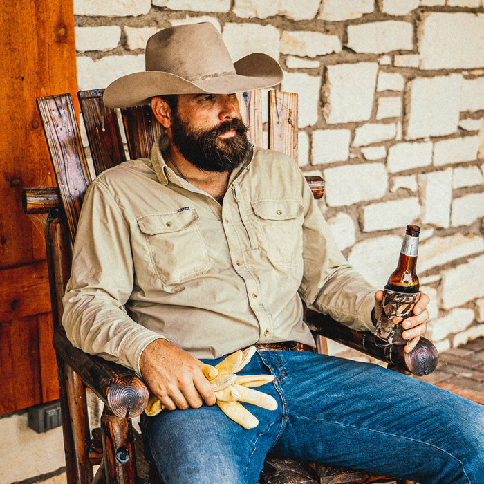 Long Sleeve tan shirt  man with beer