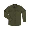 The Hidalgo olive green button-up shirt with two chest pockets and snap closures.