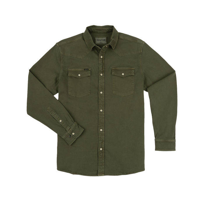 The Hidalgo olive green button-up shirt with two chest pockets and snap closures.