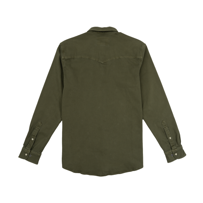 The Hidalgo olive green long-sleeve shirt displayed from the back with buttoned cuffs and a simple, rugged design.