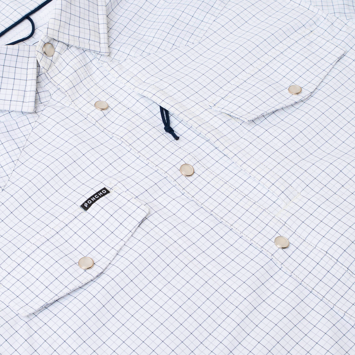 detail photo of double blue check shirt