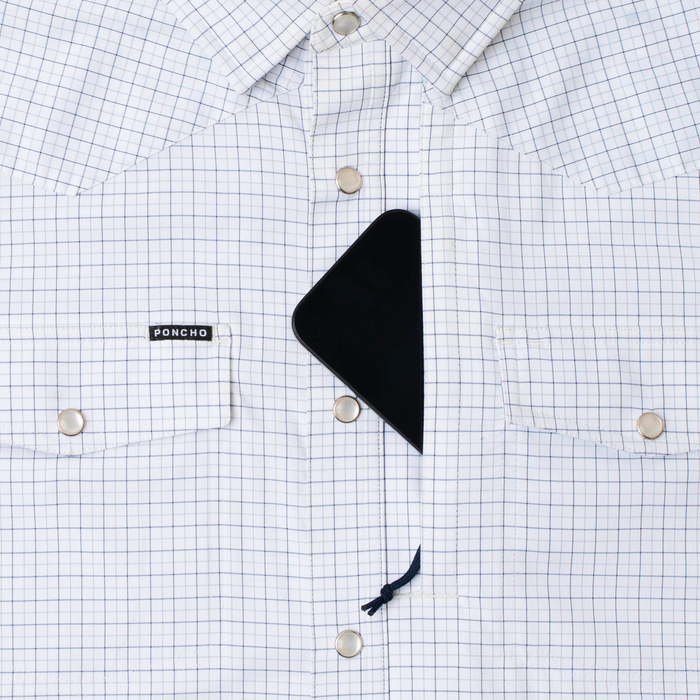 phone in chest zipper pocket of shirt