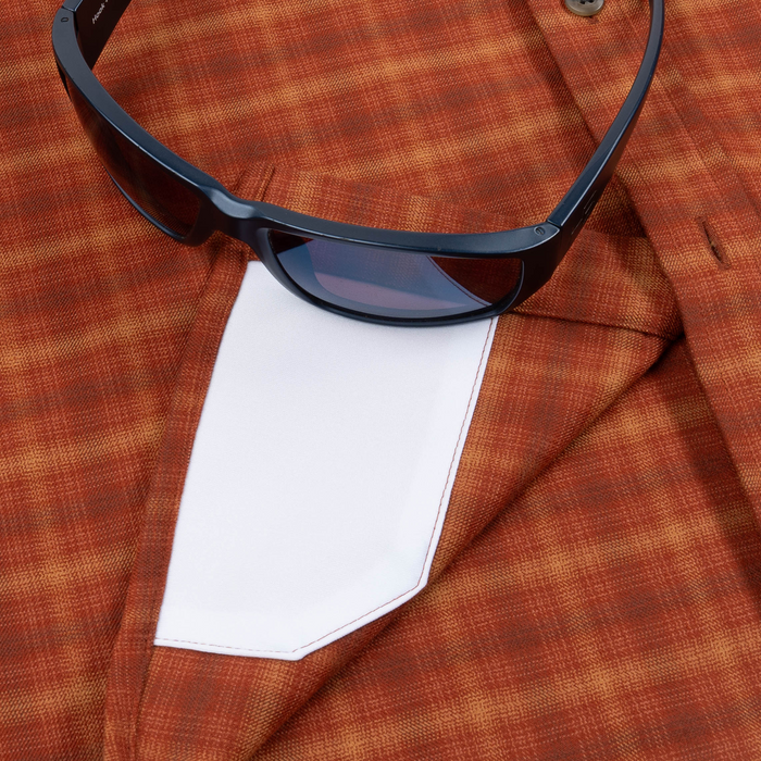 The Hot Sauce orange plaid shirt with sunglasses and a white chest pocket