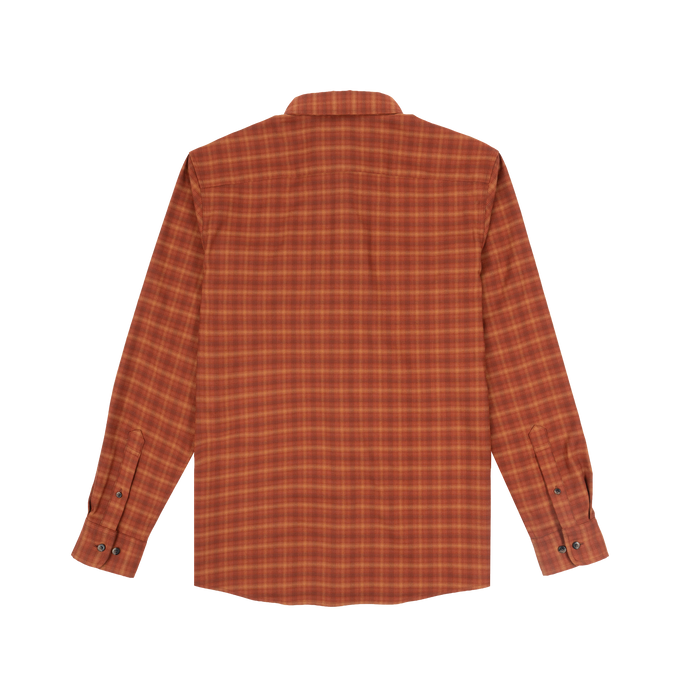 The Hot Sauce orange plaid button up shirt shown from the back