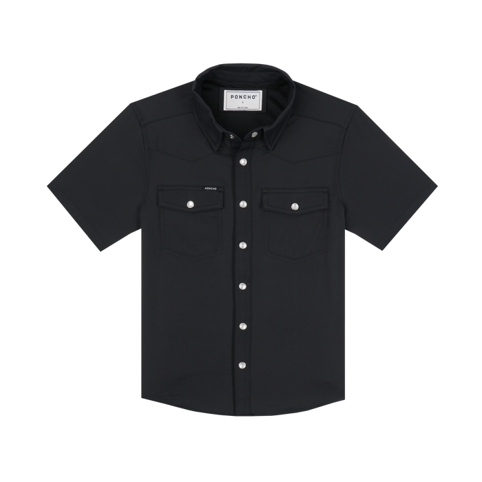 The Jake black button-up shirt with short sleeves and two chest pockets