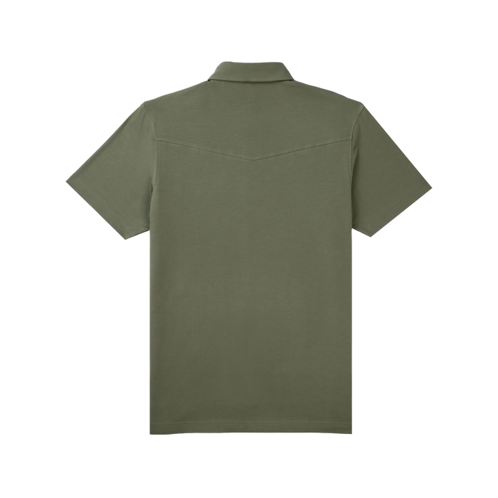 The back view of a green short-sleeve polo shirt related to The Jalapeno Cream Cheese product.