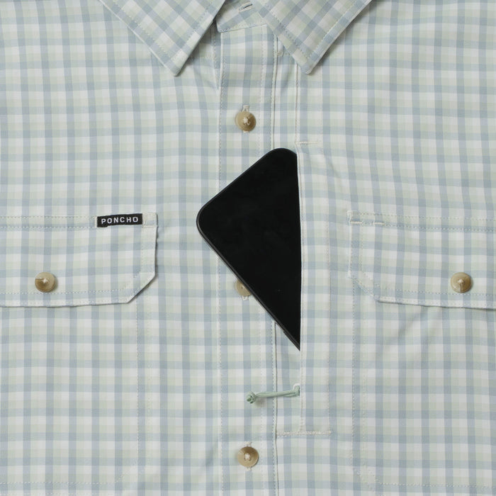phone going into chest zipper pocket of shirt