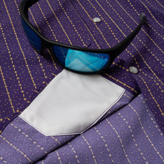 sunglasses with lens cleaner on shirt