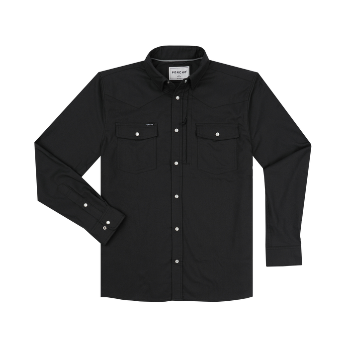 Black button-up shirt with chest pockets called The Laramie