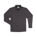 The Lug Nut long-sleeve shirt in dark gray with button-down front and chest pocket, laid flat.