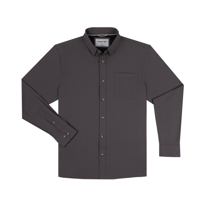 The Lug Nut long-sleeve shirt in dark gray with button-down front and chest pocket, laid flat.