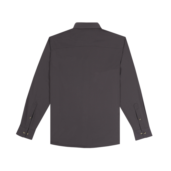 The Lug Nut dark gray long-sleeve shirt shown from the back with buttoned cuffs and a classic collar.