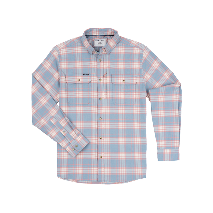 The Madaket shirt in a soft blue and peach plaid pattern with button-down collar and chest pockets.