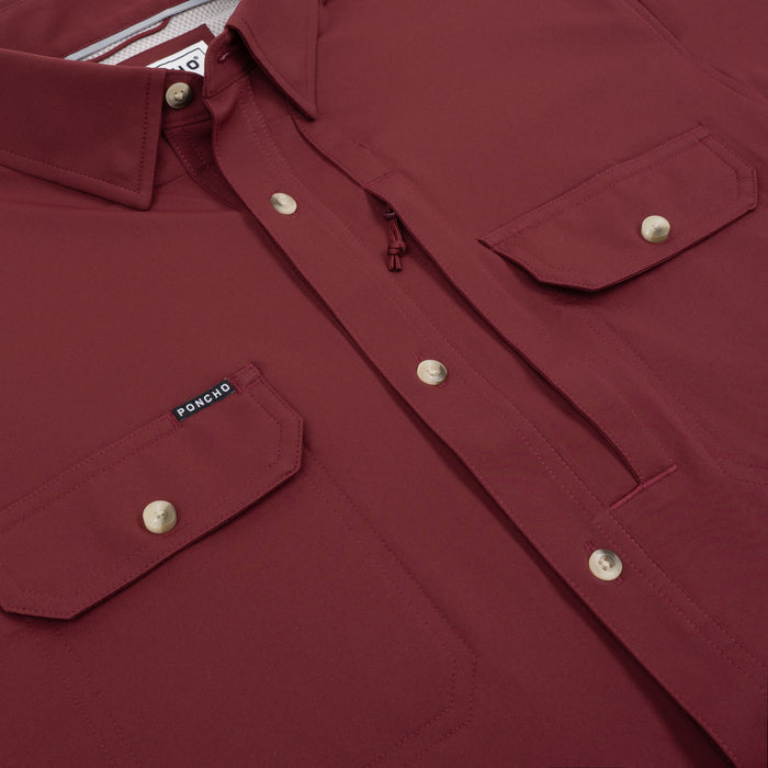 Close-up of breathable maroon outdoor shirt with buttoned pockets, The Man Coverage