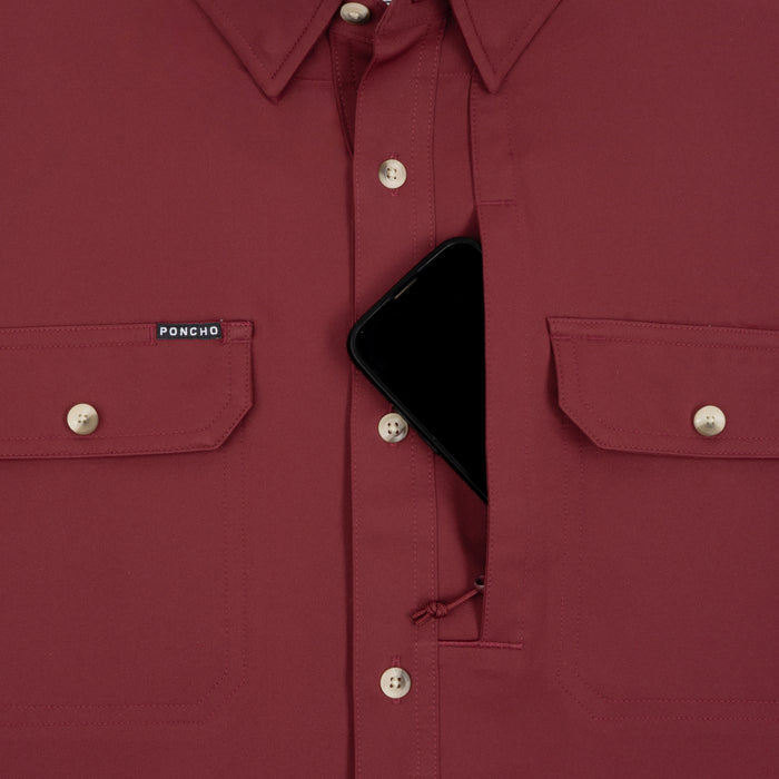 The Man Coverage breathable outdoor shirt pocket with phone in maroon fabric