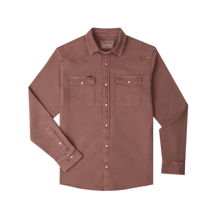 product photo of brown denim shirt front