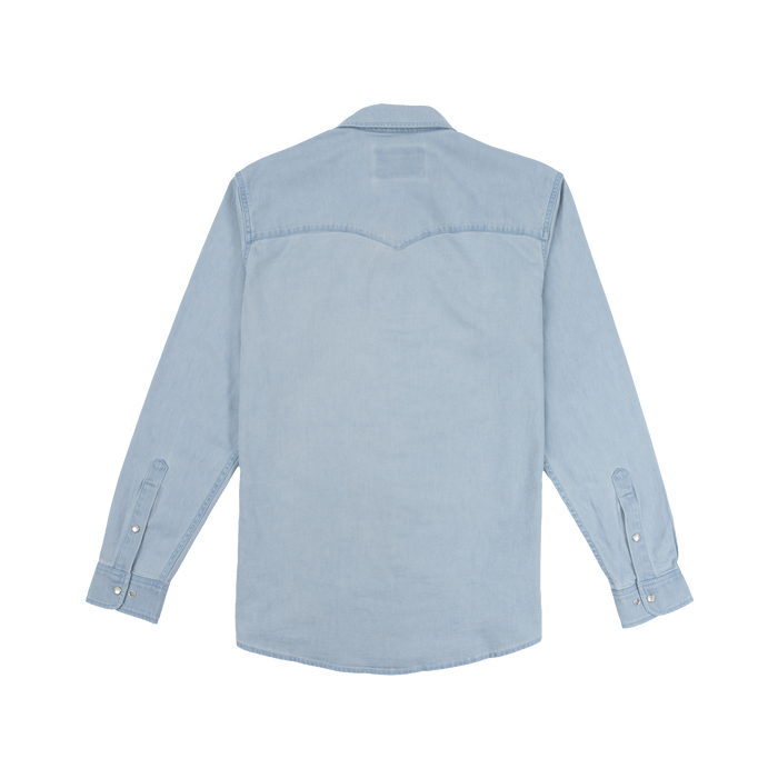 The Marfa light blue long-sleeve shirt laid flat showing back details and buttoned cuffs
