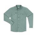 The Mentone long-sleeve shirt in muted green with button closures and dual chest pockets for outdoors use