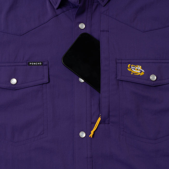 phone in chest zipper pocket of shirt