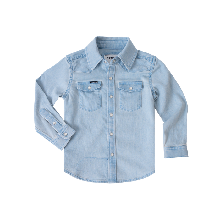 Product flat lay of light wash kids denim